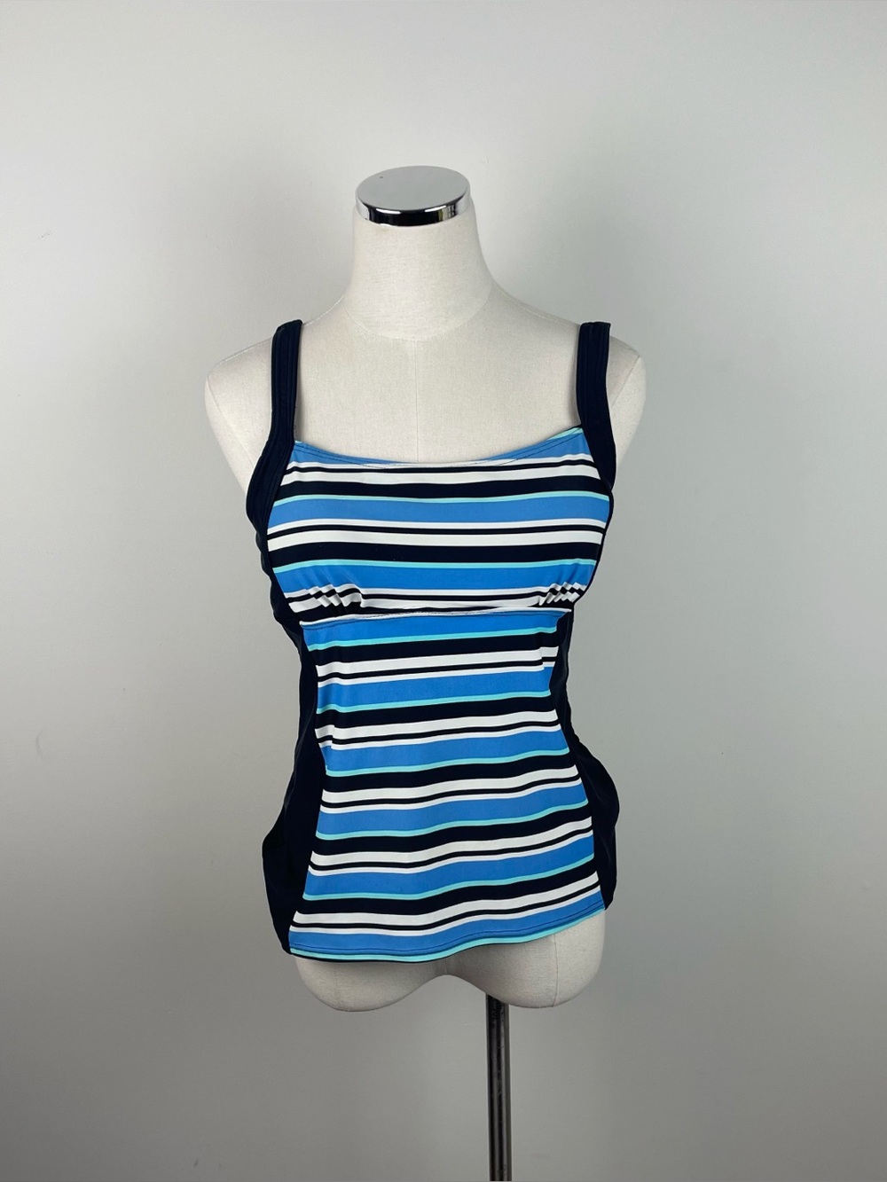 St. John's Bay Black White Blue Stripe Swim Top Women Size 10